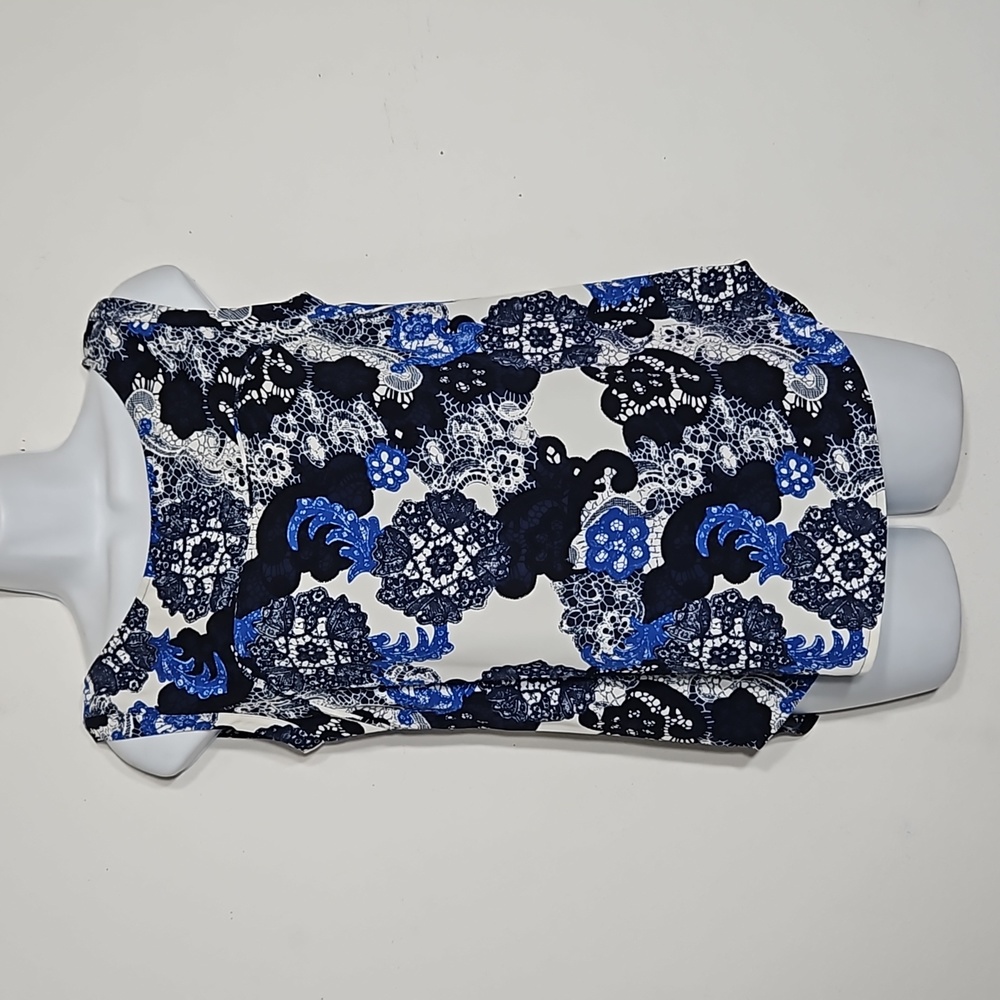cooper & ella royal blue, black & white lace design on sheer sleeveless Top XS